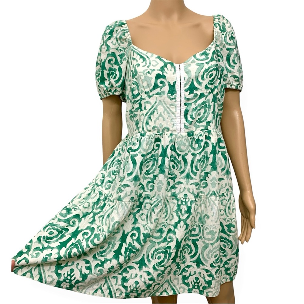 house of harlow green and white dress 1960 Puff Sleeve Tiered Mini size L LIZNEW